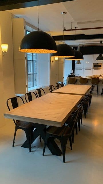 Herringbone oak table 6 or 8 cm thick incl X base of your choice