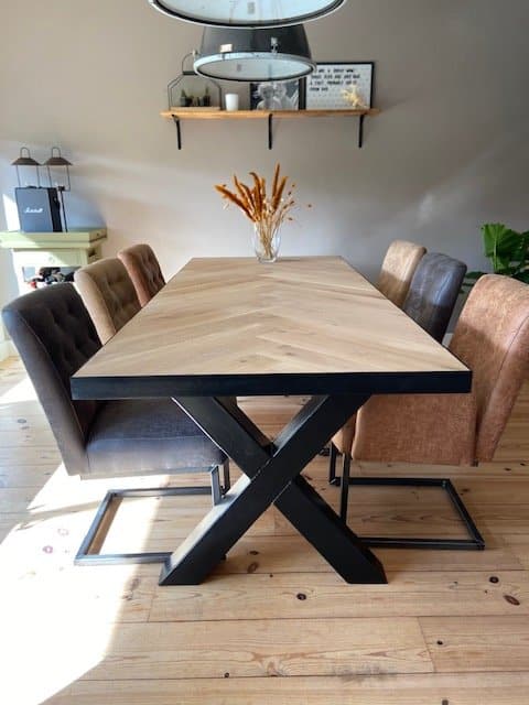 Herringbone oak Osla X table 6 or 8 cm thick incl X base of your choice