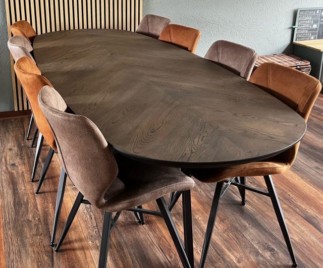 Demlin Danish oval herringbone oak table 240 x 100 x 4cm (Hungarian point herringbone) color marble gray, with 1x45 degree tapered black edge, with matrix butterfly base 3x3 cm black coating