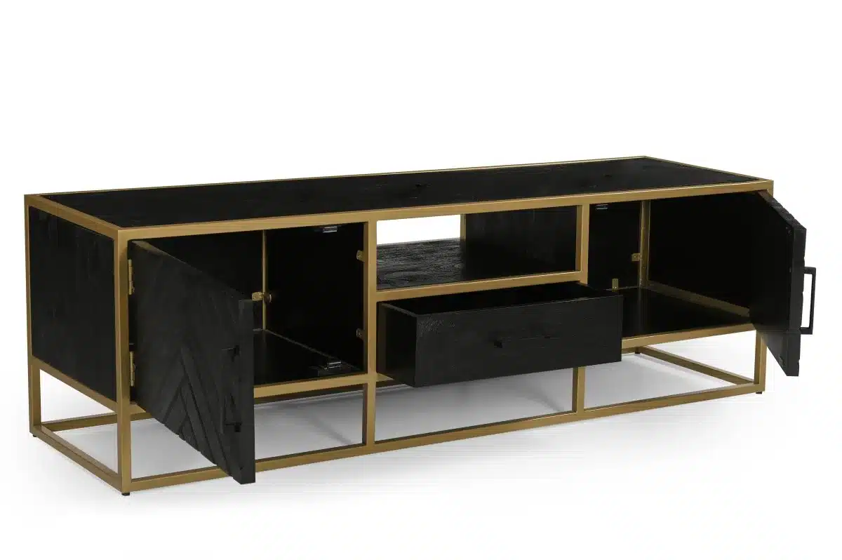 Szafka RTV z drewna mango 165x45x50cm czarno-złota jodełka 8211 Zamów teraz, a otrzymasz ją w 28. tygodniu