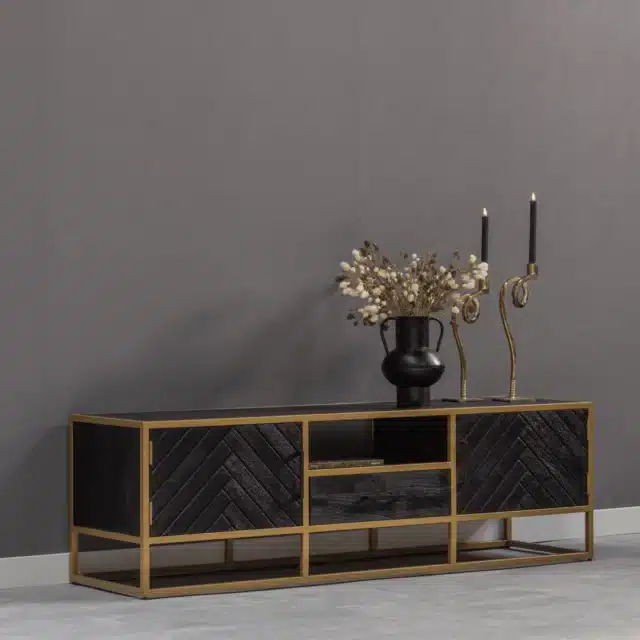 Szafka RTV z drewna mango 165x45x50cm czarno-złota jodełka 8211 Zamów teraz, a otrzymasz ją w 28. tygodniu