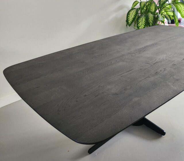 Torun Danish oval oak table (straight shape) 210 x 100 x 4cm with beveled edge 1 x 45 degrees color Dark Oak with base Quatro with 20cm diam tube with black coating