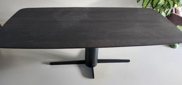 Torun Danish oval oak table (straight shape) 210 x 100 x 4cm with beveled edge 1 x 45 degrees color Dark Oak with base Quatro with 20cm diam tube with black coating